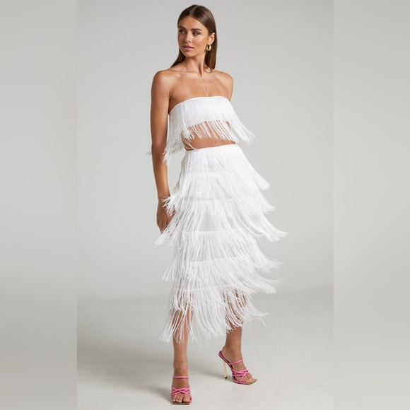 Showpo. Dresses & Skirts - Amalee Fringe Strapless Bandeau Crop Top and MIDI Skirt Two Piece Set in White